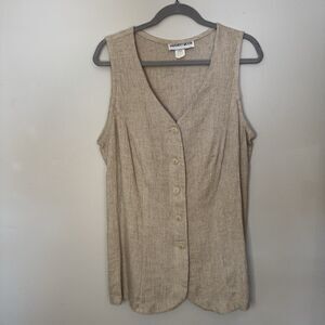 Vintage Flax Linen Blend Tank Tunic Tan Boho Cinched Back USA Made Size 16 Plus